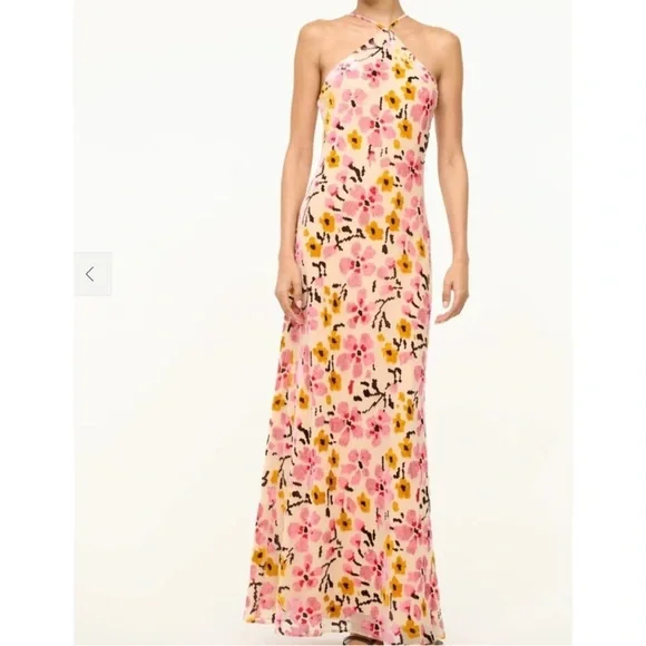 STAUD Pink Yellow Floral Backless Halter Midi Dress - Picture 5 of 5